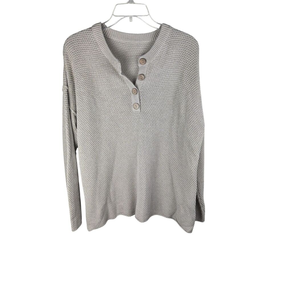 Womens Knit Henley Sweater XL Beige Split Sides Long Sleeve Lightweight Classic